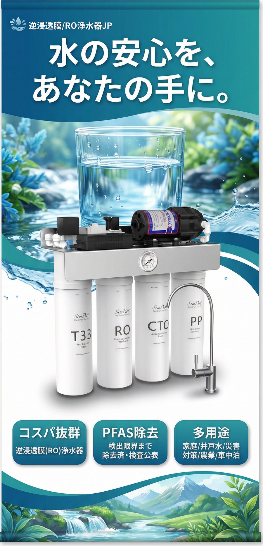 逆浸透膜/RO浄水器JP｜SimPure T1-400UV — PFASを検出限界未満まで除去